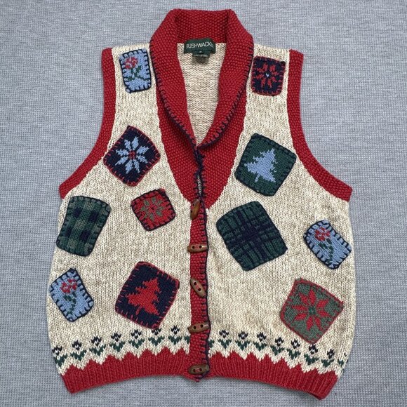 Vtg Bushwacker Womens Small Patchwork Holiday Sweater Vest Red Beige Button Knit - Picture 4 of 15